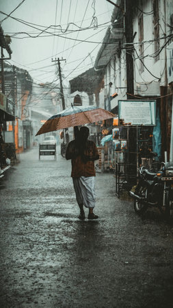 Unidentified man with umbrella walking on the street in Ho Chi Minh city, Vietnamの写真素材