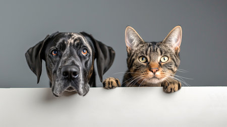 Cat and dog behind a white board. Isolated on gray background.の写真素材