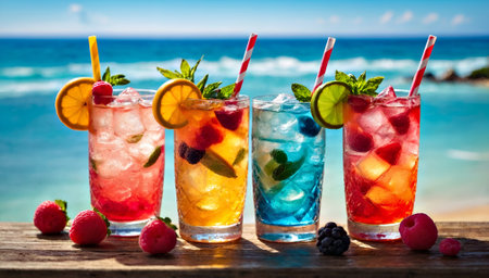 Colorful summer cocktails on the beach. Cocktails on the beachの写真素材