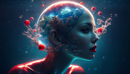 3d illustration of a beautiful girl with red lips and planets in her headの写真素材