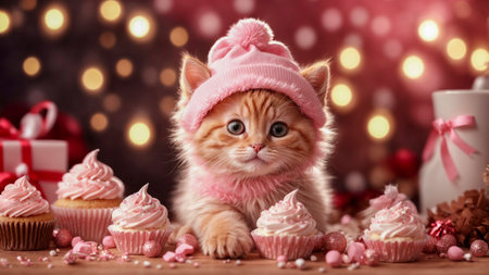 Cute ginger kitten in pink hat with cupcakes on Christmas backgroundの写真素材