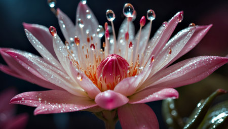 Water drop on pink lotus flower with dew drop on petals.