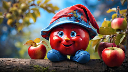 Funny red apple boy in a hat and blue gloves on a tree branchの写真素材