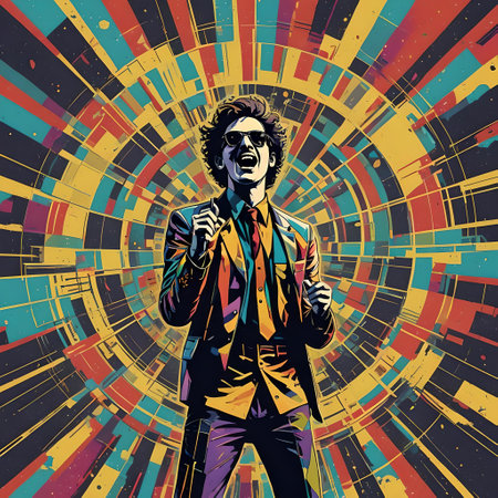 Vector illustration of a man with a microphone on a colorful background.の写真素材