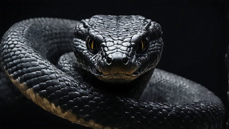 Close-up of a black snake on a dark background. Macro