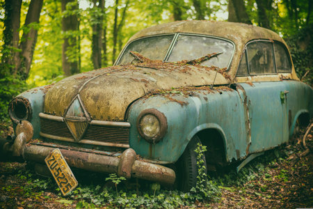 Abandoned old car in the forest. Retro style photo.