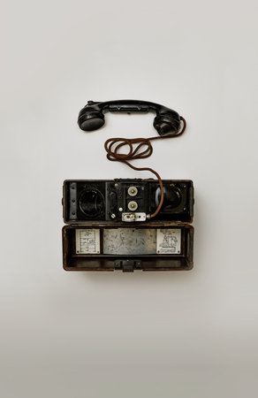 Vintage telephone and handset on a white background, top viewの写真素材