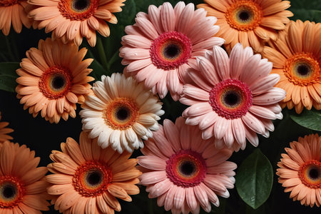Beautiful gerbera flowers as background, top view. Floral design