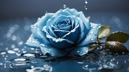 Beautiful blue rose with water drops on blue background, close upの写真素材