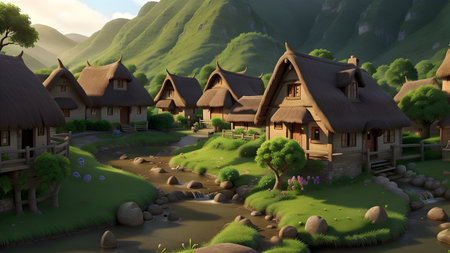 3d render of fantasy village in the mountains with grass and treesの写真素材