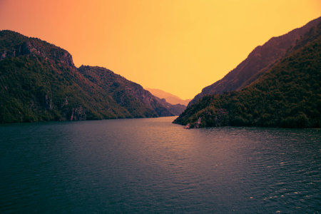Beautiful view of the lake and mountains in Montenegro. Toned.の写真素材