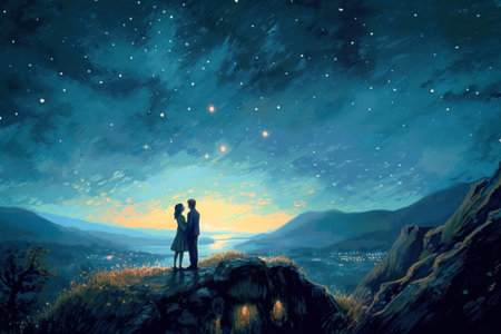 Couple on the top of the mountain at night. Illustration