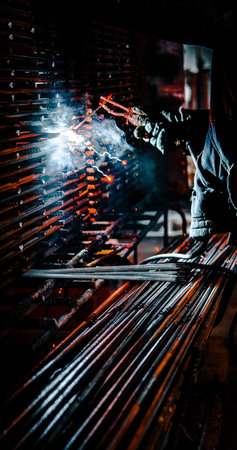Worker welding steel structure in a factory. Selective focus.
