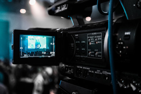 Professional video camera on a tripod in a recording studio. Filming and video production conceptの写真素材