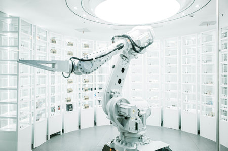 Robot arm in the modern laboratory. 3D Rendering.