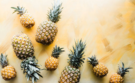 Pineapple fruits on yellow background. Top view. Flat layの写真素材