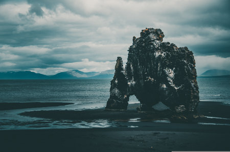 Rocks on Reynisfjara beach in Iceland. Toned.の写真素材