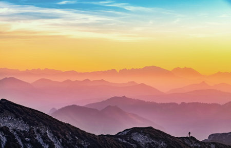 Sunset in the mountains. Sunrise in the mountains. Mountain landscapeの写真素材