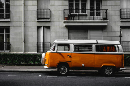 Yellow retro van on the street.の写真素材