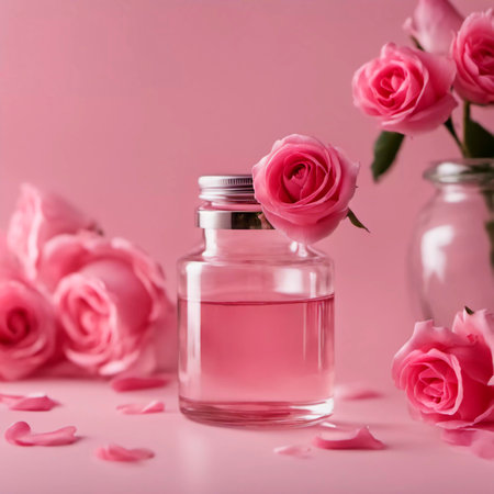 Bottle of perfume with pink roses on pink background, copy spaceの写真素材