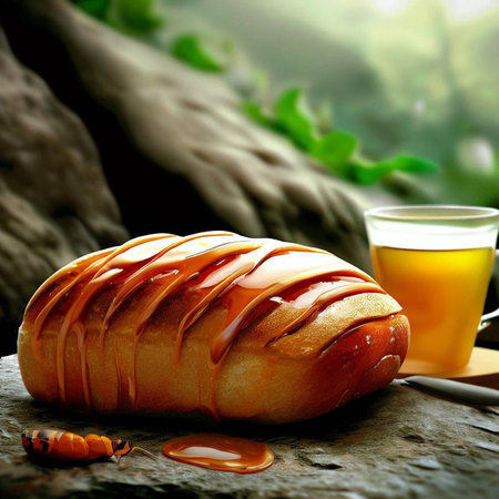 Bread with honey and orange juice on a stone table with natural background