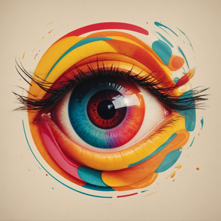 Close up of female eye with abstract colorful makeup. Photo in retro styleの写真素材