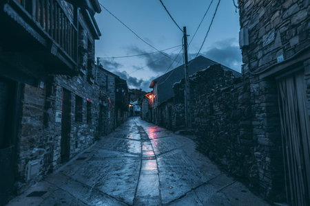 Night view of a narrow street in a small town in Scotland.の写真素材