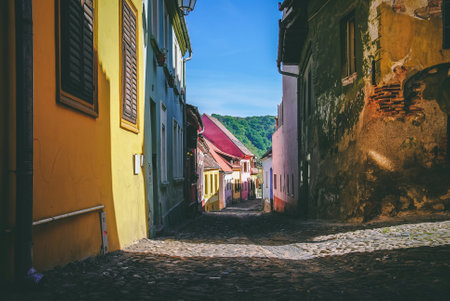 Colorful houses in Sighisoara, Transylvania, Romaniaの写真素材