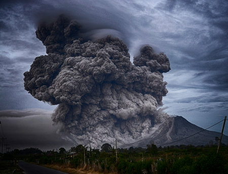 Volcanic eruption in Batur volcano, Bali, Indonesiaの写真素材
