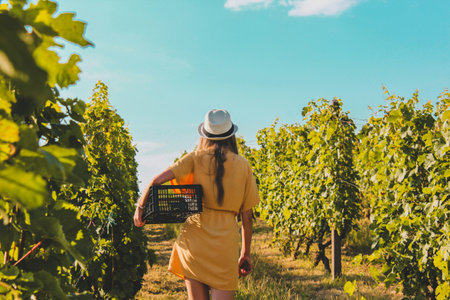 Young woman in vineyard with basket of grapes on sunny day.の写真素材