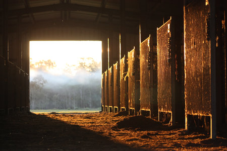 Wooden fence in a horse stable at sunset. Horizontal shot.