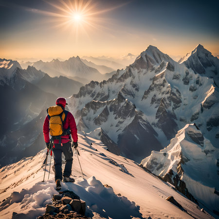 Hiker in Himalaya mountains at sunset. Trekking in Nepal