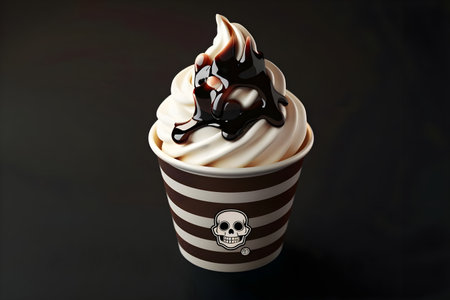 Cup of Halloween ice cream with chocolate sauce on black background.の写真素材