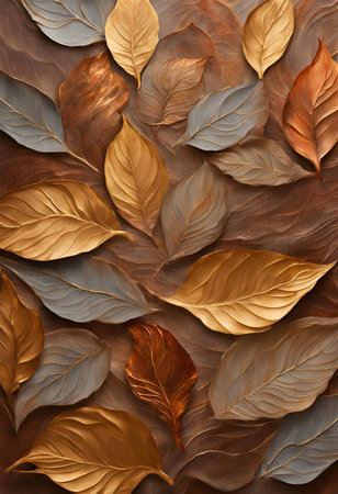 3d render of golden and brown leaves on a brown background.の写真素材