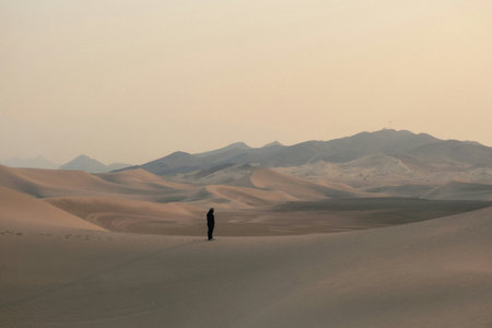 Silhouette of a man walking in the middle of the desertの写真素材
