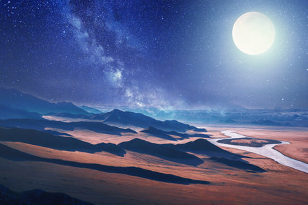 Fantasy landscape with mountains, river and moon. Elements of this image furnished by NASAの写真素材