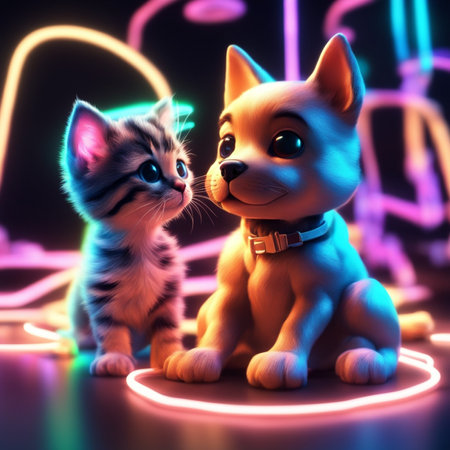 Kitten and cat on a background of neon lights. 3d renderingの写真素材