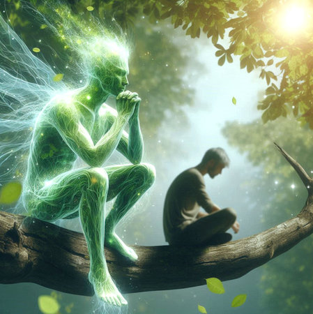 Surreal image of man and woman sitting on a tree branch.の写真素材