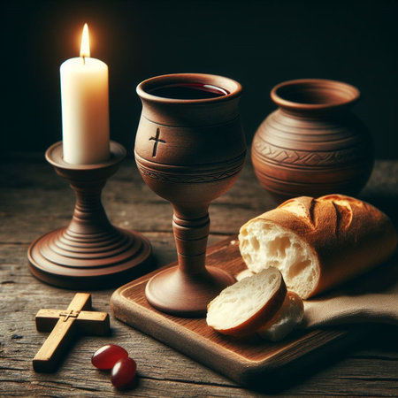 Eucharist, wine, bread and candles on wooden background.の写真素材