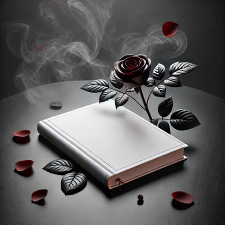 Romantic background with rose flower and blank book on black table.の写真素材