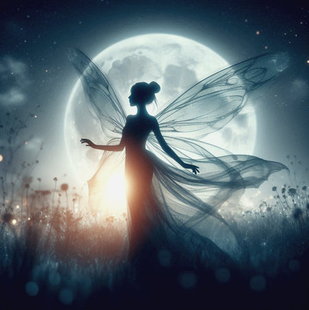 Fantasy image of a fairy in the field at night with full moonの写真素材