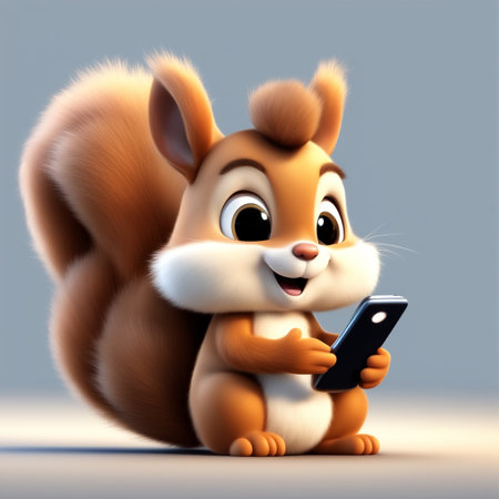 Cartoon squirrel with smart phone on gray background, 3d renderingの写真素材