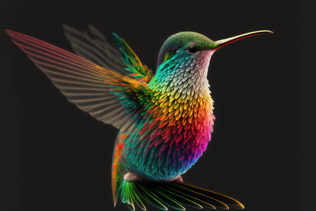 Colorful hummingbird isolated on black background, clipping path included.の写真素材