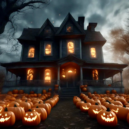 Halloween background with pumpkins in front of a scary haunted house