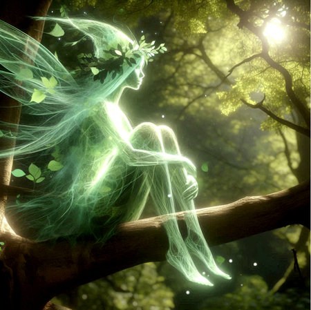 Fantasy image of a fairy sitting on a tree in the forestの写真素材