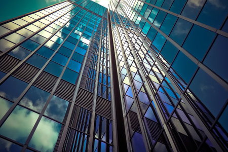 Bottom view of modern skyscrapers in business district against blue skyの写真素材
