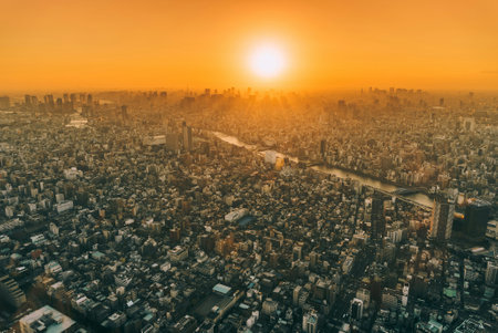 Asia Business concept for real estate and corporate construction - panoramic modern city skyline bird eye aerial view under dramatic sunrise and morning sky in Tokyo, Japanの写真素材
