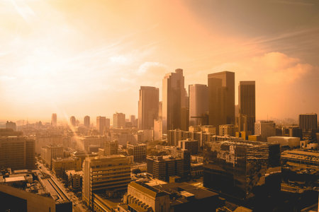 Cityscape of Bangkok at sunset, Thailand. Vintage filter effect.の写真素材