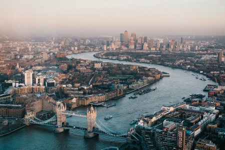 Aerial view of London with Tower Bridge and River Thames, UKの写真素材