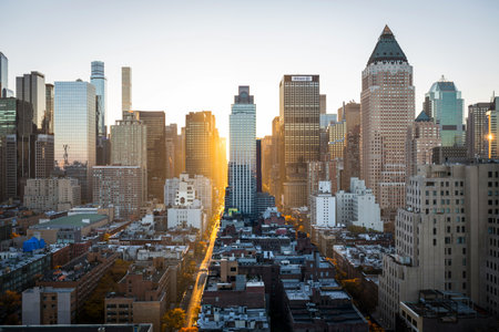 New York City, USA downtown skyline with skyscrapers at sunset.の写真素材